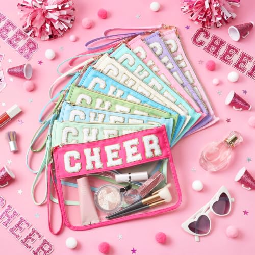 Kacctyen 20 Pcs Multicolor Chenille Letter Cheer Bags Cheerleader Clear Makeup Bags Snacks Pouch Bulk Preppy Patch Cosmetic Pouch with Wrist Strap Zipper for Travel Team Cheerleaders - color: Multicolor