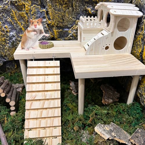 Wooden Hamster Platform with Legs, Large Syrian Hamsters Climbing Platforms with Ramp Kit Wood Ladder Bridge Rat Playing Toy Standing Table Gerbil Cage Accessories - size: Large