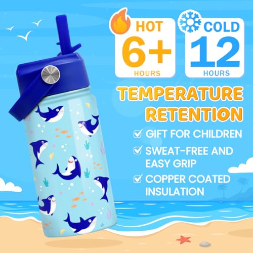 SANDJEST Shark Water Bottle - Kids Water Bottle with Straw Lid - 12 Oz Insulated Stainless Steel Water Bottles for Kid Boy - Travel Cup for School Sports - color: Shark 2