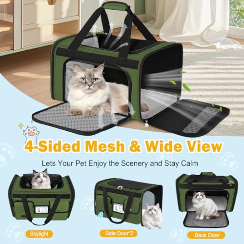 HUANLANG Large Cat Carrier Soft Sided Travel Pet Carrier Airline Approved | Dog Carriers for Small Dogs Medium Cats,Collapsible,3 Storage,zipper lock,Reflective strips,Luggage Strap, Up to 15 Lbs - color: Army Green