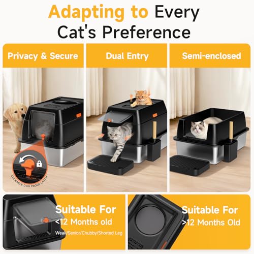 XL Enclosed Stainless Steel Litter Box with Lid, Black | covered, High Sided, Rustproof & Leak Proof, Easy Clean, Odor Control, Includes Scoop & Step & Mat - color: Black