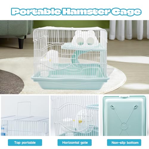 2-Tier Portable Hamster Cage and Habitats,Travel Metal Mouse Cages with Free Water Bottle,Houses and Exercise Wheel for Any Breed of Hamster and Small Animal (14.6x11.0x11.8inch Light Blue) - color: 【Light Blue】