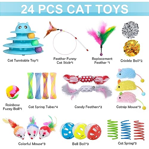 UPSKY 24 PCS Cat Toys Set with Teaser, Mice, Spring, and Various Ball Toys | Puzzle Kitten Toys, Sturdy Structure, Detachable Design, Easy to Assemble, Anti-Slip, Reduces Boredom for Indoor Cats - color: D-24PCS-Blue