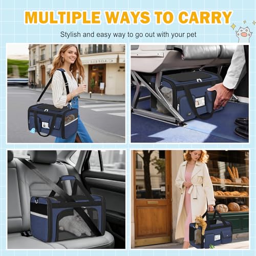 HUANLANG Large Cat Carrier Soft Sided Travel Pet Carrier Airline Approved | Dog Carriers for Small Dogs Medium Cats,Collapsible,3 Storage,zipper lock,Reflective strips,Luggage Strap, Up to 15 Lbs - color: Navy Blue