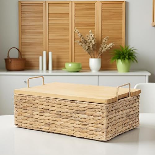 Handmade Water Hyacinth Woven Storage Basket with Lid, Multi - Functional Wicker Organizing Baskets (Large) - size: Large (Single)