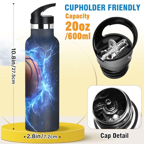 Blue Lightning Basketball Boys Insulated Water Bottle with Straw Lid,Vacuum Stainless Steel Mug Leakproof Tumbler Flask Kids Water Bottle for Sports Travel School,20oz - color: Blue Lightning Basketball