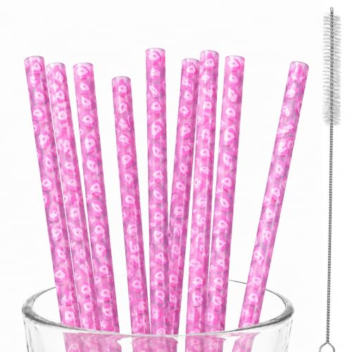 10 Pcs Reusable Leopard Straws Hard Plastic Drinking Straw with Cleaning Brush Leopard Print Animal Drinking Straw Statement Cheetah Animal Straws for Party(Pink) - color: Pink