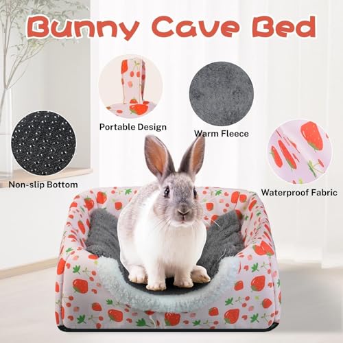 Warm Rabbit Hideout, Washable Strawberry Fleece Hut for Guinea Pigs | Hideaway House with Strawberry Design, Cozy Fleece Hut for Indoor Rabbits Guinea Pigs and Other Small Animals