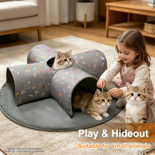4-Way Indoor Cat Tunnel Bed with Top Peek Hole, 2-in-1 Collapsible Hideout with Removable Washable Mat, Interactive Play Tunnel for Cats, Kittens, Rabbits, Ferrets & Small Pets