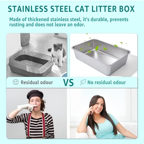 Stainless Steel Litter Box 2 Pack,XL Metal Litter Box for Big Cats | High Sided Litter Box Adult Big Cats,Cat LitterBox Metal Pet Toilet Easy to Clean,Non Stick, No Smell,23.6"x15.8"x6" - color: 2pcs - 23.6" L x 15.7" W x 6" H