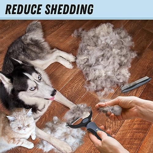 Docrok Pet Grooming Brush and Metal Comb Combo for Dogs & Cats, Gray | Dematting Deshedding Undercoat Rake, Cat Brush Dog Brush Shedding Tool for Long Matted Haired Pets - color: Gray