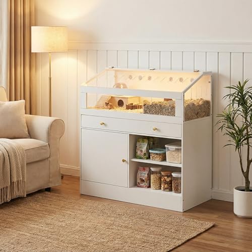 Hamster Cage with Storage Cabinet, Small Animal Habitat – Furniture-Style Enclosure with Built-in LED Light & Acrylic Panels for Hamsters, Guinea Pigs, Rabbits