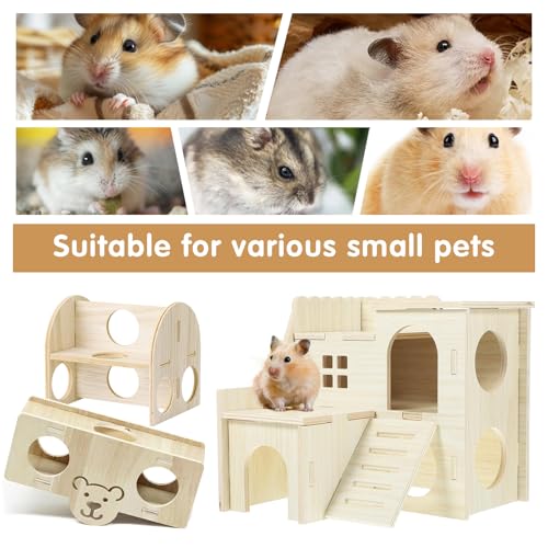 Hamster Toys 5-Piece Set ，Hamster House, Swing, Climbing Ladder, Seesaw & Exercise Wheel，Pet DIY Sport Exercise Toys Set, Small Animal Habitat Accessories ，Gerbils, Mice（Natural Wood） - color: BrownE