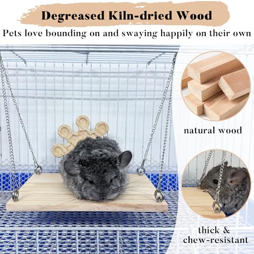 Wooden Chinchilla Hammock & Swing Set - Soft Mat Bed with Kiln-Dried Pine Ledges for Chinchillas - Habitat Enrichment & Exercise