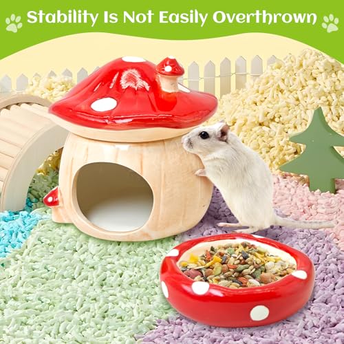 BNOSDM 3-in-1 Ceramic Hamster Hideout, Food Bowl, Water Bottle with Stand - Mushroom Shape - Red - color: Red Hideout Trio
