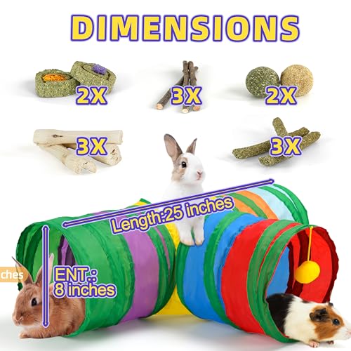 Bunny Tunnels & Tubes Collapsible 3 Way Rabbit Hideout with 13pcs Toys for Bunny Guinea Pig Hamster Chinchilla Hedgehog Rat Ferret Kitten (Colorful) - color: Colorful