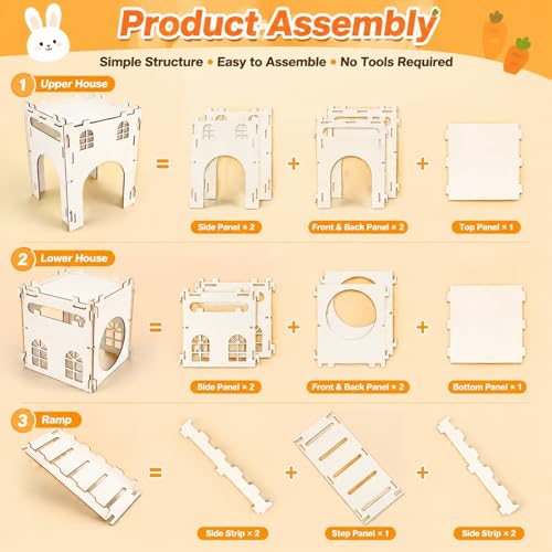 Rypet Large Wooden Rabbit Castle, Bunny Castle Hideout with Stairs | 2 Detachable Houses with Stairs, Breathable Bunny Indoor Playhouse, Quick Assembly, For Guinea Pigs, Chinchillas, Ferrets