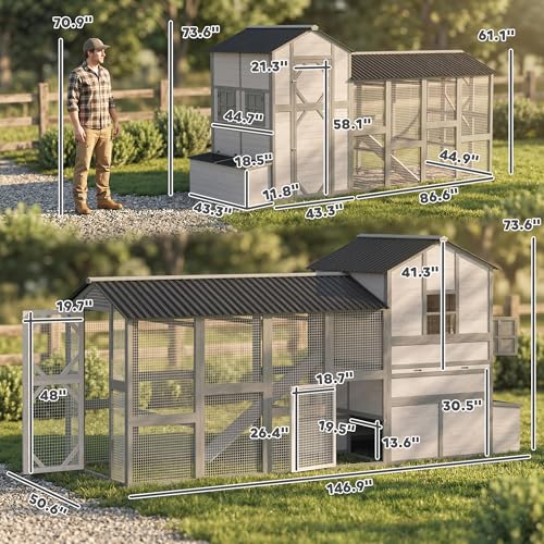 PawHut 147" Extra Large Chicken Coop Wooden Hen House for 8-10 Hens Gray | Outdoor Poultry Hutch with Run, Removable Tray, Nesting Box, Ramp for Duck Rabbit, Ventilated Windows
