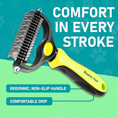 Maxpower Planet Pet Grooming Brush - Double Sided Shedding, Dematting Undercoat Rake for Dogs and Cats - Extra Wide Dog Grooming Brush - Yellow | Yellow Deshedding & Dematting, Extra-Wide Double-Sided Comb, Long-Haired Coats, Reduces Shedding, Original De