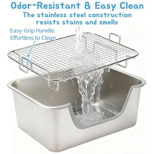 BWOGUE Stainless Steel Rabbit Litter Box with Grid, Bunny Litter Box Pan | Removable Sifting Grid, Waste Separation, Easy-Clean Small Animal Toilet Pan, Guinea Pigs, Chinchillas & Ferrets - size: S:15.7in ×11.8in × 5.9inches