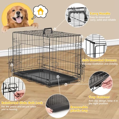 Dog Crate Kennel, 36 Inch Metal Pet Cage Double Door W/Divider Panel, Folding Travel Indoor Outdoor Dog Kennel Leak-Proof Plastic Tray Wire Animal Cage - size: 24.0"L x 24.0"W x 36.0"H