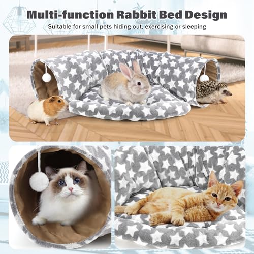 BWOGUE Bunny Tunnel Bed, 2-in-1 Collapsible Rabbit Tunnel Hideout with Mat | Removable Mat for Washing, Ball Toy for Play, Tunnel Tubes for Hiding, Gray Star Soft Suede Fabric, Cats Rabbits Guinea Pigs - color: Greystar