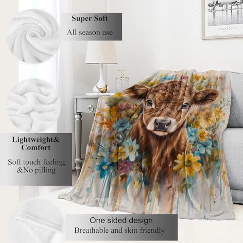 Sweet Highland Cow Blanket Cute Calf Throw Blankets,Gifts for Kids Woman Adult,Lightweight Soft Fleece,Watercolor Flower Style,for Sofa Couch Bed Room Modern Artistic Decor 40x50in - color: Cow, size: 40x50in