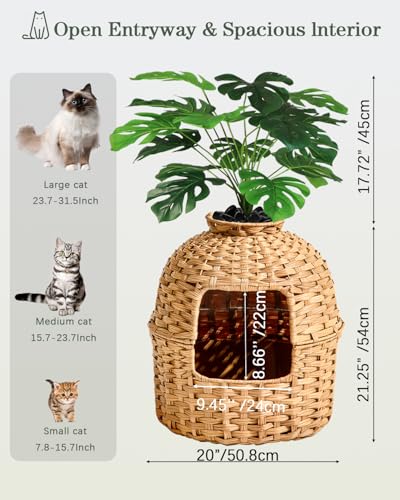 SETVSON Cat Litter Box Enclosure Plant, PE Rattan Kitty House, Natural | Decorative Planter Design, Waterproof Inner PVC Liner, Includes Artificial Plants, Real Stones, Litter Mat, 20x20 Inches - color: Natural(with Litter Mat)