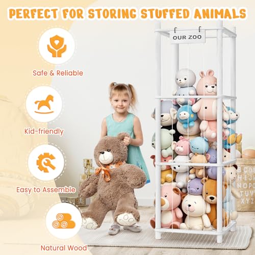 Woodure Stuffed Animal Storage & Organizer, Wooden Cute Zoo Toy Holder for Toddler Rooms, Playrooms & Bedrooms（White） - color: White