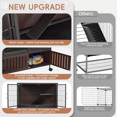 HABUTWAY 36.5''H Metal Large Ferret Cage, Rolling Chinchilla Cage with Removable Ramps& Double Door, with Locker, Small Animal Cage, Rat Indoor Wooden Pet Crate Furniture