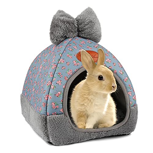 YUEPET Bunny Hideout, Guinea Pig Cave Bed, Bowknot House for Dwarf Rabbits | Rabbit Hideout, Enclosed Cave Design, Removable Cushion,Cozy Large Bunny Hideout, Floral Pattern, Indoor Cage Use