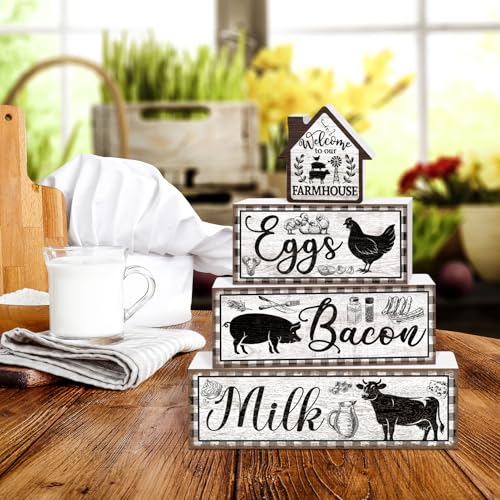 Tiered Tray Decor Set, 4 Pcs, Wooden, for Home Kitchen, Rustic | Farm Animal Rooster, Farmhouse Rustic Summer Coffee Table Centerpieces Office Decorations - style: Farm Animal