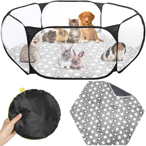 Hamster Playpen with Mat Small Animal Cage Tent Breathable Transparent Guinea Pig Playpen Waterproof Portable Yard Fence Mat Foldable Exercise Playpen Outdoor Indoor (Black,Star) - color: Black