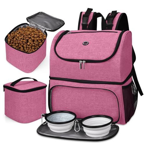 BAGLHER Pet Travel Bag, Double-Layer Pet Supplies Backpack (for All Pet Travel Supplies), Pet Travel Backpack with 2 Silicone Collapsible Bowls and 2 Food Baskets Pink - color: Light pink