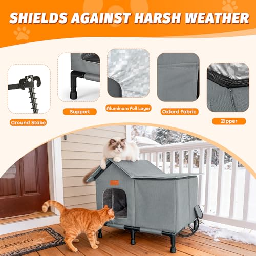 PatiencET Heated Cat House for Outside, Foldable Weatherproof Insulated Outdoor Cat House, Adjustable Temperature, Elevated Base with Ground Stakes, for Indoor/Outdoor Cats - size: Winter Large