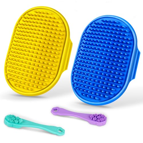 4PCS Dog Bath Brush | Scrubber for Bath | Shampoo Brush | Toothbrush | Finger Toothbrush | Dog Shower/Washing Brush with Adjustable Ring Handle - Pet Bath Supplies (Blue Yellow) - color: Blue Yellow