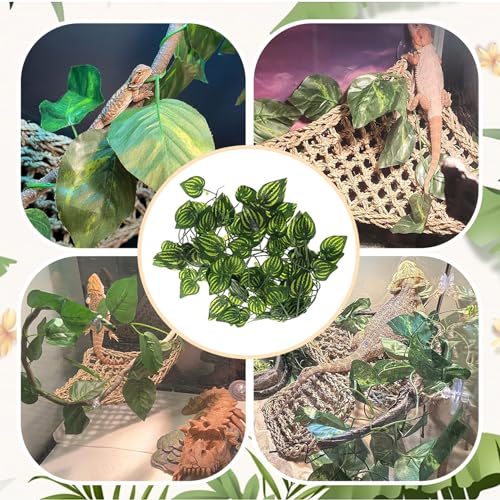 PINVNBY Bearded Dragon Hammock with Suction Cups,Lizard Lounger Natural Seagrass Reptiles Hammocks Reptile Tank Accessories Jungle Plants Climber Vines Leaves Habitat Decor for Lizards Chameleon Gecko