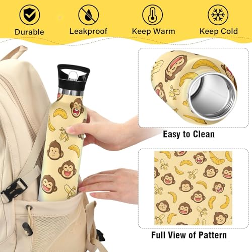 Cute Monkey Banana Insulated Water Bottle with Straw Lid,Vacuum Stainless Steel Mug Leakproof Tumbler Flask Kids Water Bottle for Sports Travel School,20oz - color: Cute Monkey Banana