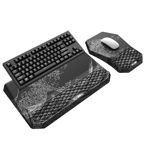3-in-1 Ergonomic Keyboard Stand with Wrist Rest & Mouse Pad Set, Black Wave | Comfy Keyboard Riser Holder Soft Mousepad with Massage Design, Memory Foam and Non-Slip PU Base for Pain Relief - color: Black Wave