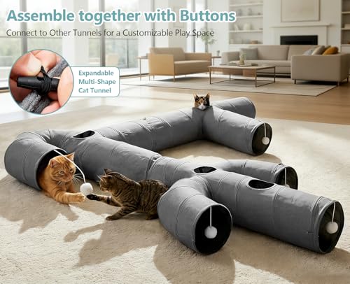 Ownpets Cactus Cat Tunnel 10" with Peek Holes for Indoor Large Cat, Grey | Durable Oxford fabric, noise-free, foldable & connectable, multi-cat friendly, tube for cats up to 20lb, includes ball & wand - size: 10 Inches in Diameter