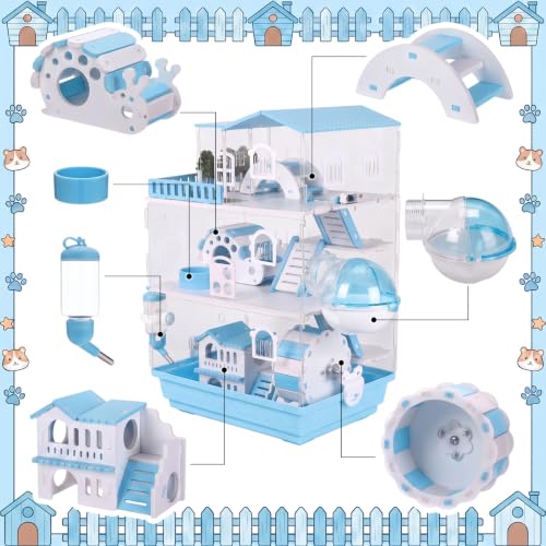 Eccliy 15 in 1 Clear 3-Layer Acrylic Hamster Cage with All Accessories, 20 x 13.7 x 10 Inch Dwarf Hamster House, Magnetic Connection Small Pet Enclosure, Garden Style Mouse Cage for Pet Mice (Blue) - color: Blue