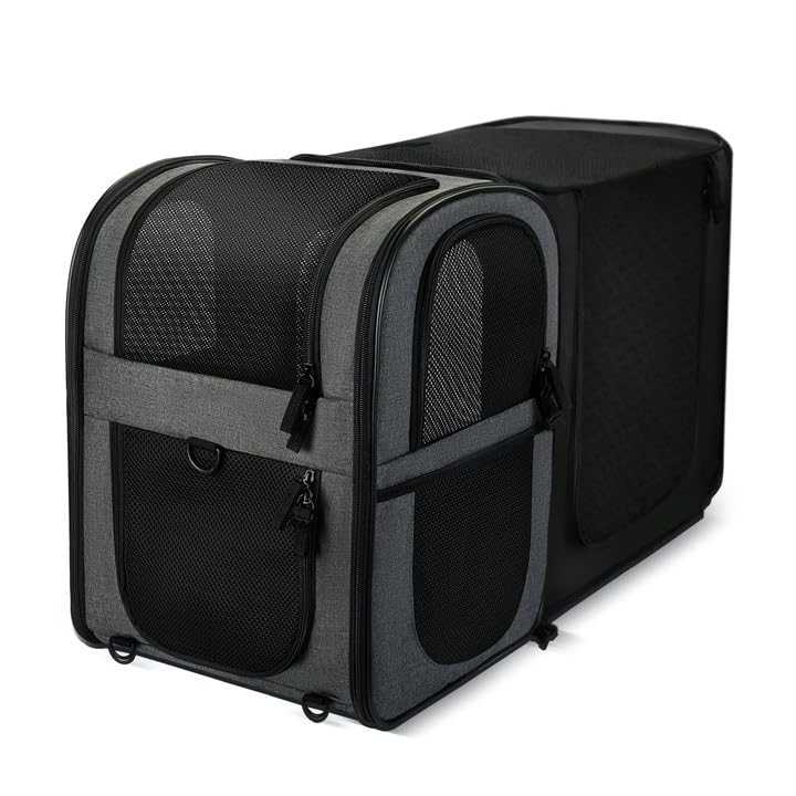 Apollo Walker Cat Carrier Backpack for Small Dogs and Cats Up to 18 lb | Expandable space, Four-Sided Breathable Mesh, Stability Package, Removable Pad,3D back panel,Thickened shoulder straps - color: Gray-expandable