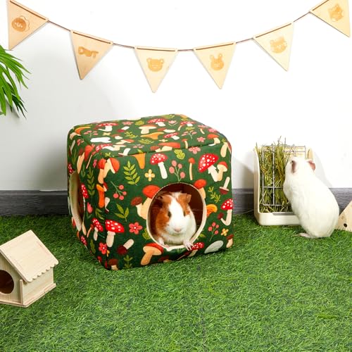 Bienbee Guinea Pig Hideout, Washable Plush House for Small Animals | Guinea Pig House with 2 Wide Entrances, Removable Mat and Non-skid Bottom,Warm and Cozy for Small Pet's Resting and Hiding - color: Green Mushroom