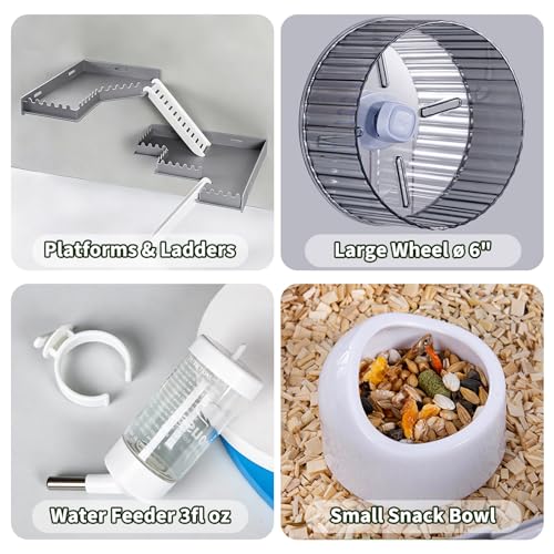 Large Hamster Cage Starter Kit 22x13x15in for Syrian Hamster Dwarf Hamster | Multilevel with Hanging Hideout Ø6", Silent Wheel Ø6", Sand Bath, Tube Ports, Platforms, Ladders, Water Bottle, Food Bowl
