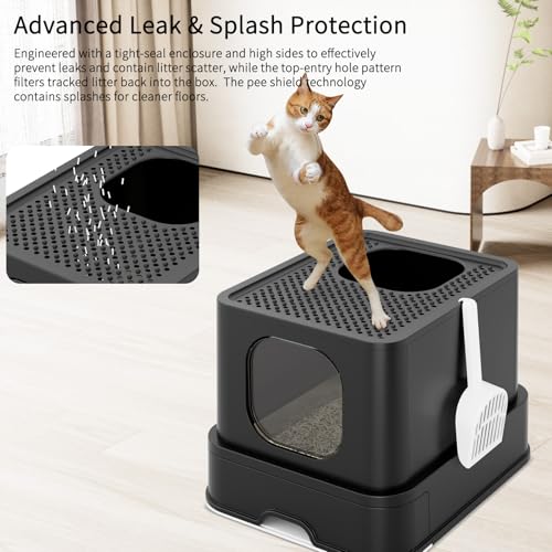 RIZZARI Stainless Steel Cat Litter: Covered, Top-Front Entry, Easy Clean | High Splash Sides / Leak-Proof Seal / Non-Stick Coating / Odor Control / Sifting Drawer / Garage-Bathroom Fit - color: Deep Black
