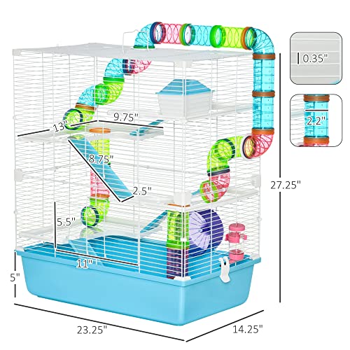 PawHut Extra Large 23" Hamster Cage with Tubes and Tunnels, Portable Carry Handles, Rat House and Habitats Big 5-Tier Design, Mouse Cage Includes Exercise Wheel, Water Bottle, Food Dish, Light Blue | Portable Carry Handles, Rat House and Habitats, Big 5-T
