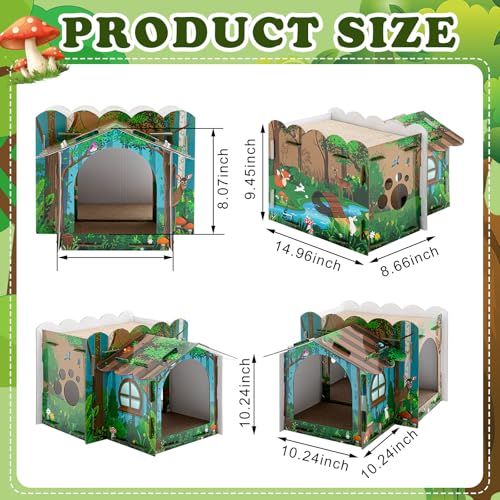 Lineshading 2 Story Cardboard Cat House with Scratcher Pad, Multi Level Durable Cat Scratcher House for Small Kitten Bunny Rabbit Animals Christmas Birthday Gift(17x12x10,Forest) - style: Forest