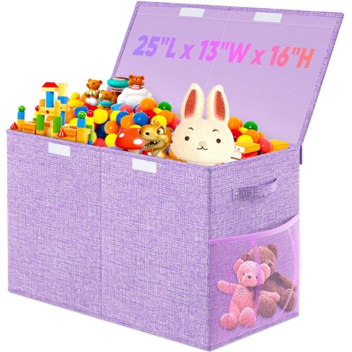 Large Toy Storage Box with Lid, Dividers, Collapsible Kids Toy Chest Purple | Toy Box for Boys, Girls, Nursery, Bedroom, Living Room, Playroom, 25 x 13 x 16 inches - color: Large Purple