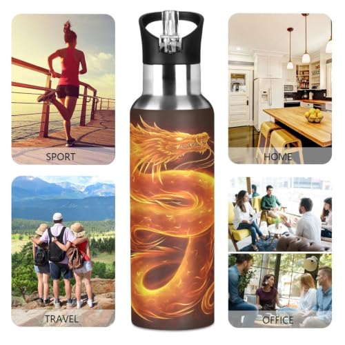 Fire Dragon Water Bottle Insulated Stainless Steel Water Bottle with Straw Lid 20 oz Leak Proof Flame Dragon Design Gift for Dragon Lovers Kids Boys Teens Men - color: Multicolor