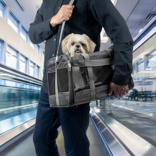 Sherpa Pet Carrier Airline Approved with Spring Wire Frame - Cat Carrier and Dog Carriers for Airline Travel and Vet Visits, Mesh Ventilation, Locking Zippers - Charcoal Grey, Large - color: Charcoal Gray, size: 19.0"L x 11.5"W x 11.8"H
